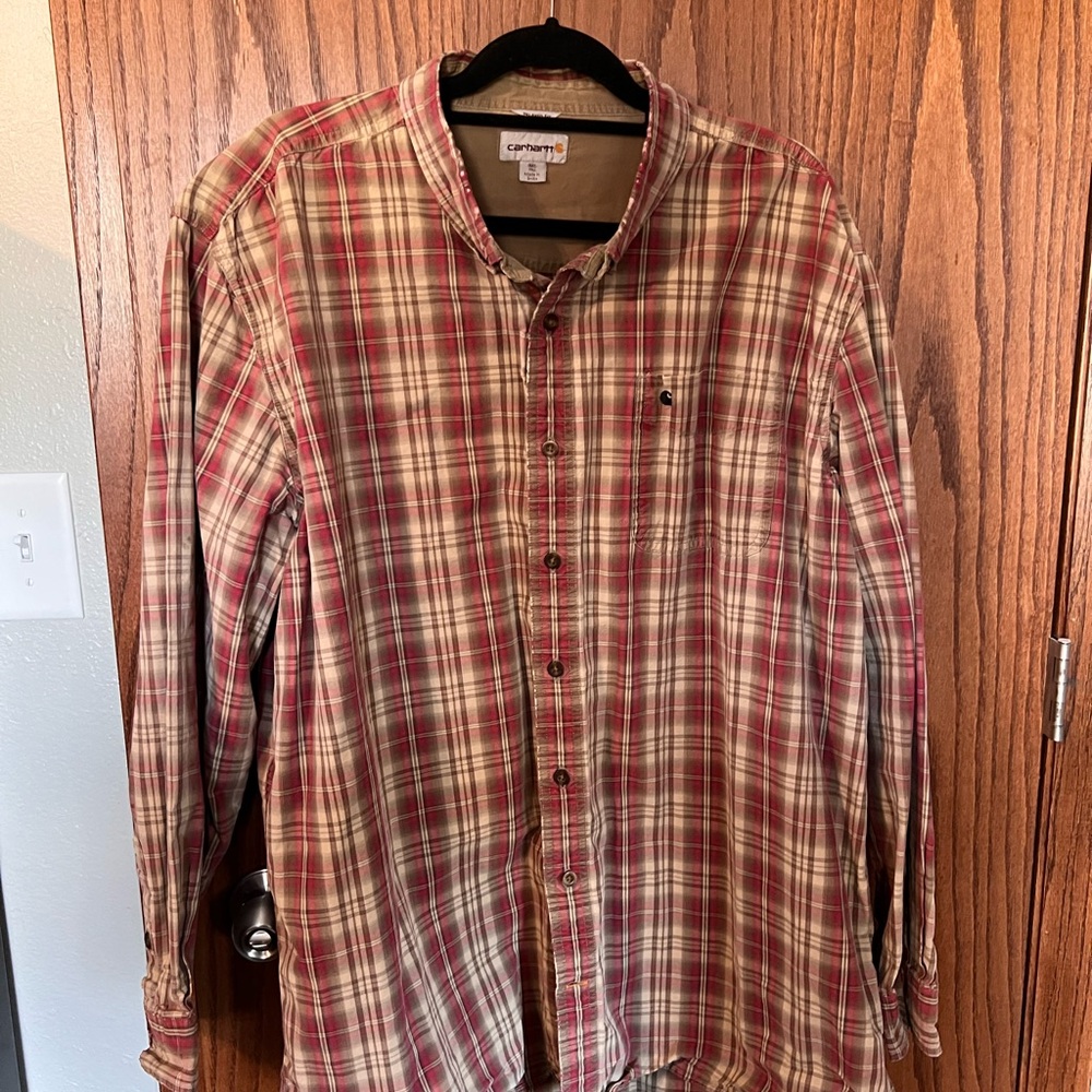 Carhartt Men's Beige and Red Plaid Shirt